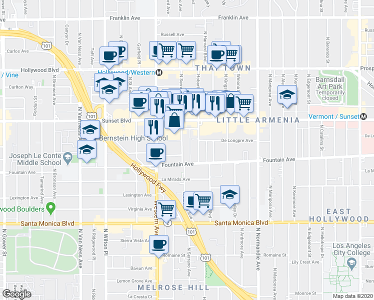 map of restaurants, bars, coffee shops, grocery stores, and more near 1394 North Serrano Avenue in Los Angeles
