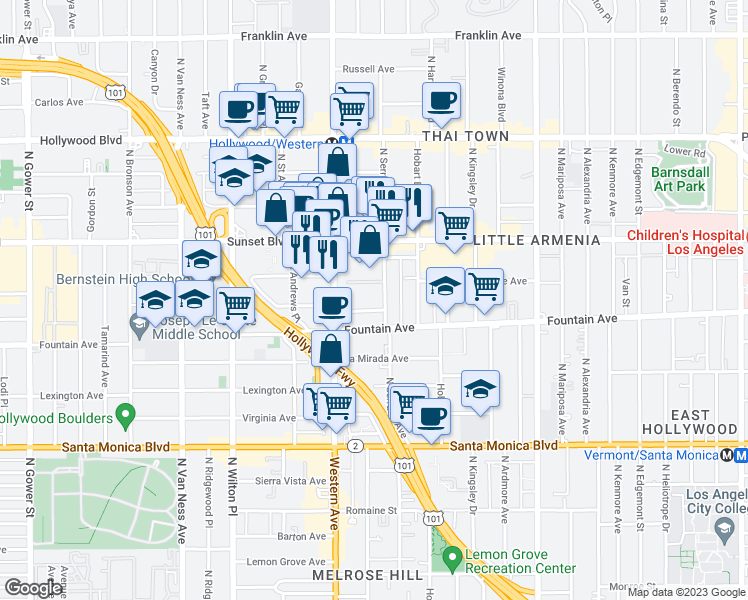 map of restaurants, bars, coffee shops, grocery stores, and more near 5417 Fernwood Avenue in Los Angeles