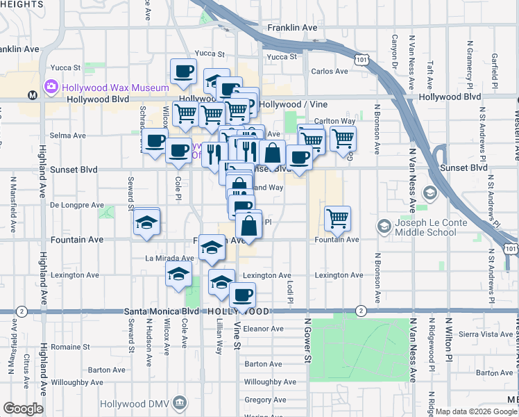 map of restaurants, bars, coffee shops, grocery stores, and more near in Los Angeles