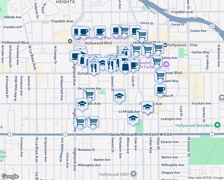 map of restaurants, bars, coffee shops, grocery stores, and more near 1403 Seward Street in Los Angeles
