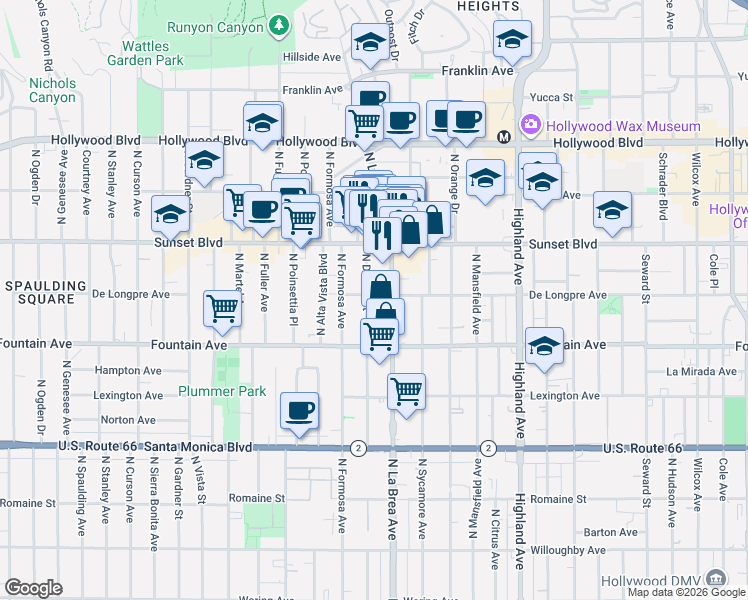 map of restaurants, bars, coffee shops, grocery stores, and more near 1411 North Detroit Street in Los Angeles