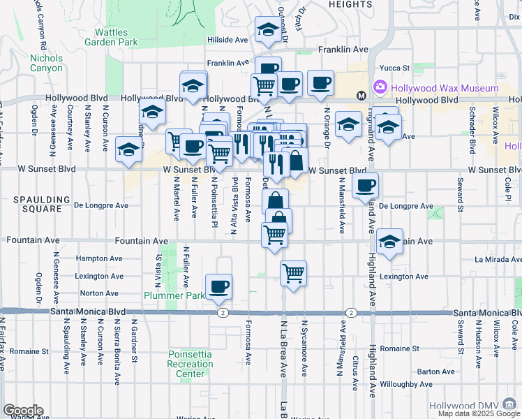 map of restaurants, bars, coffee shops, grocery stores, and more near 1411 North Detroit Street in Los Angeles