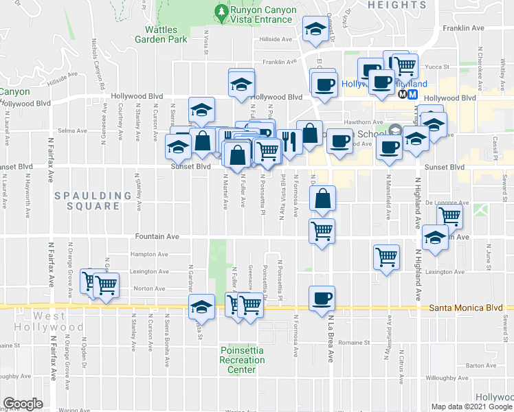map of restaurants, bars, coffee shops, grocery stores, and more near 1419 North Poinsettia Place in Los Angeles