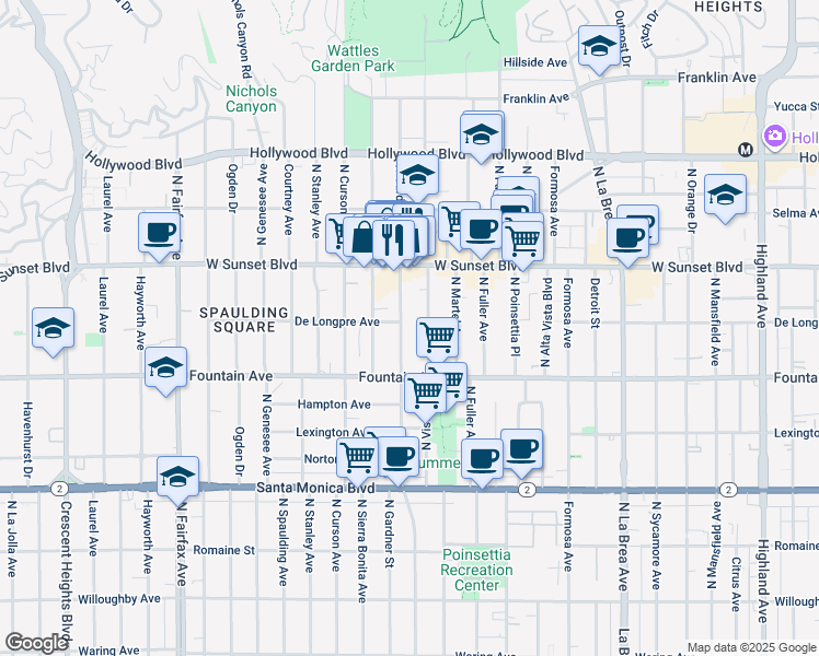 map of restaurants, bars, coffee shops, grocery stores, and more near 1403 North Gardner Street in Los Angeles