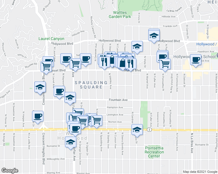 map of restaurants, bars, coffee shops, grocery stores, and more near 1404 North Stanley Avenue in Los Angeles