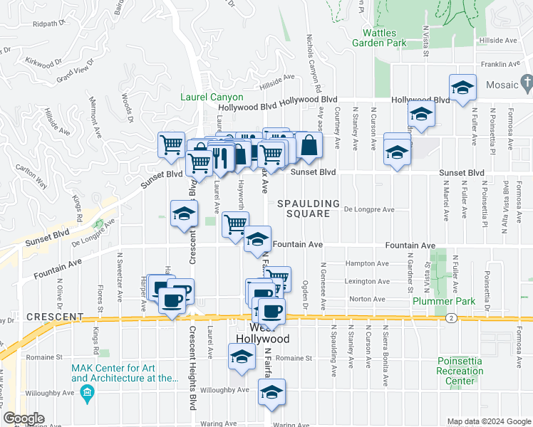map of restaurants, bars, coffee shops, grocery stores, and more near 1429 North Fairfax Avenue in West Hollywood