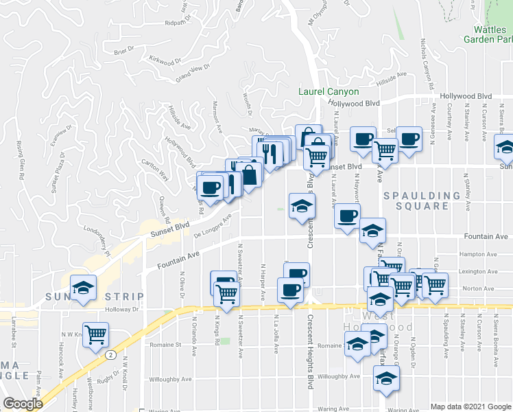 map of restaurants, bars, coffee shops, grocery stores, and more near 8272 Sunset Boulevard in West Hollywood