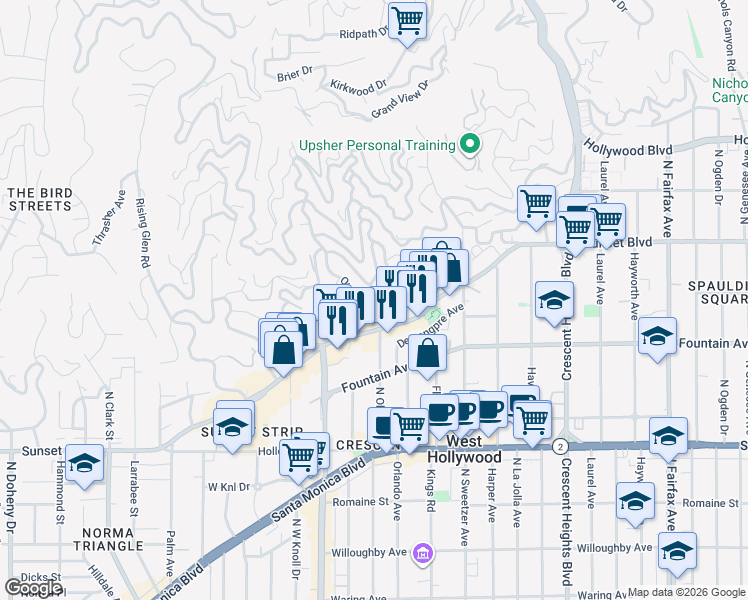 map of restaurants, bars, coffee shops, grocery stores, and more near 8444 Harold Way in Los Angeles
