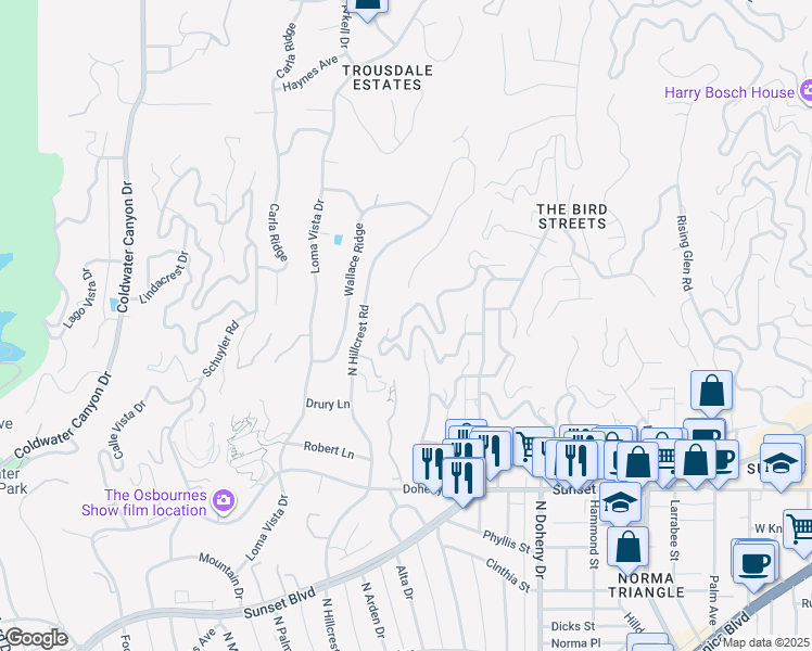 map of restaurants, bars, coffee shops, grocery stores, and more near 9410 Flicker Way in Los Angeles