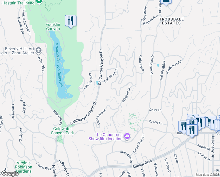 map of restaurants, bars, coffee shops, grocery stores, and more near 1196 Coldwater Canyon Drive in Beverly Hills
