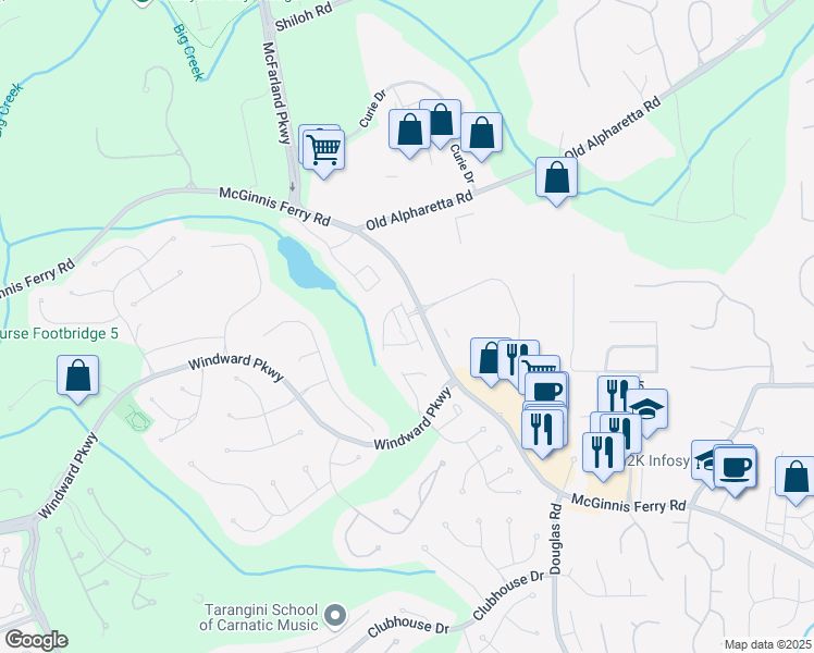 map of restaurants, bars, coffee shops, grocery stores, and more near 13030 Dartmore Avenue in Alpharetta