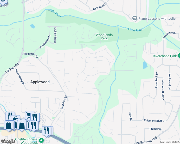 map of restaurants, bars, coffee shops, grocery stores, and more near 500 Papillion Trace in Woodstock