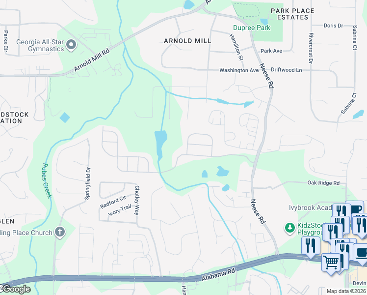 map of restaurants, bars, coffee shops, grocery stores, and more near 346 Melrose Circle in Woodstock