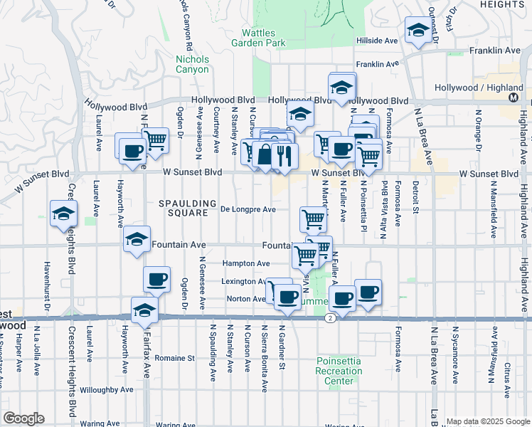 map of restaurants, bars, coffee shops, grocery stores, and more near 1355 North Sierra Bonita Avenue in Los Angeles