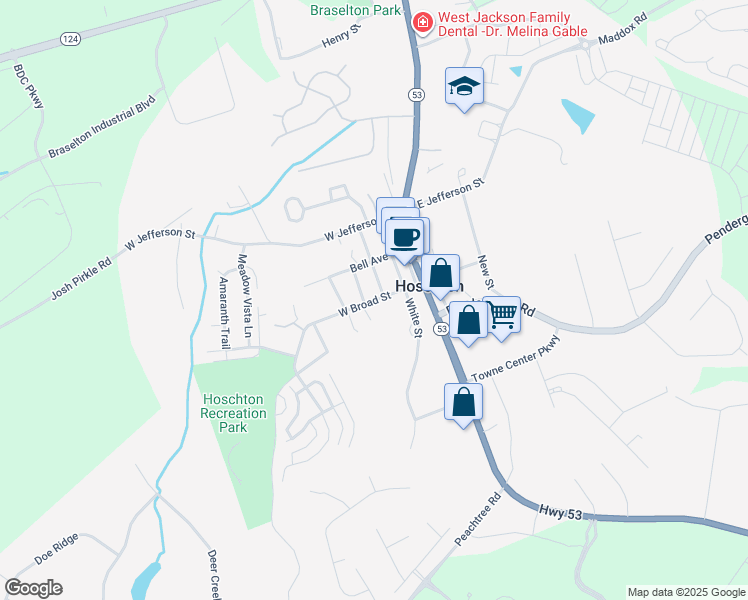 map of restaurants, bars, coffee shops, grocery stores, and more near 86 West Broad Street in Hoschton