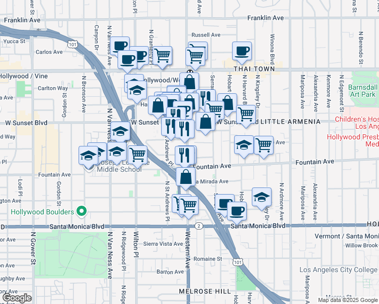map of restaurants, bars, coffee shops, grocery stores, and more near 1350 Western Avenue in Glendale