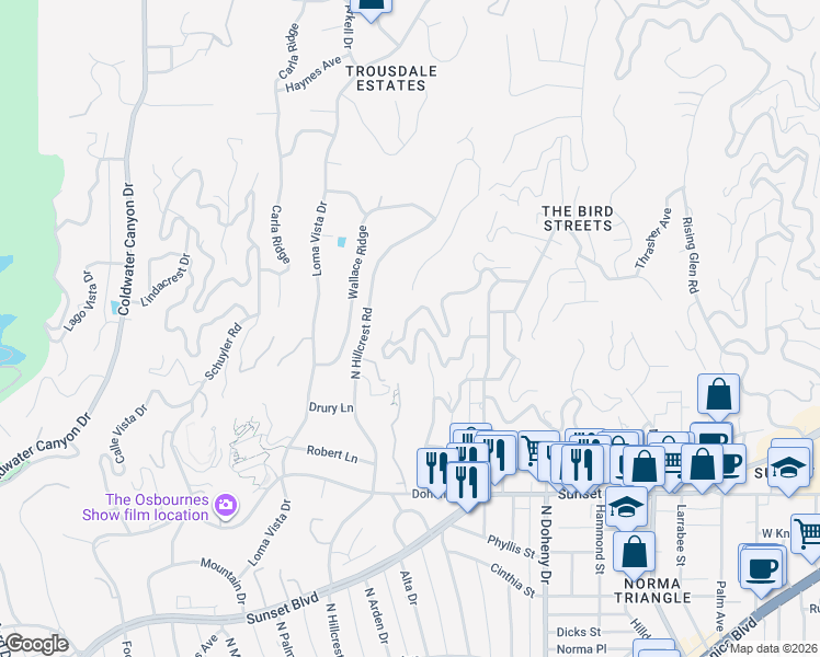 map of restaurants, bars, coffee shops, grocery stores, and more near 9410 Flicker Way in Los Angeles