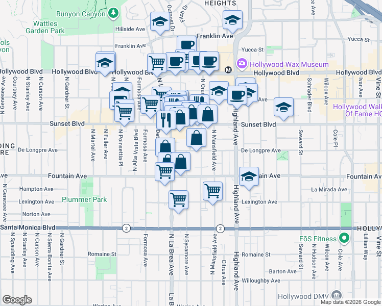 map of restaurants, bars, coffee shops, grocery stores, and more near 7030 De Longpre Avenue in Los Angeles