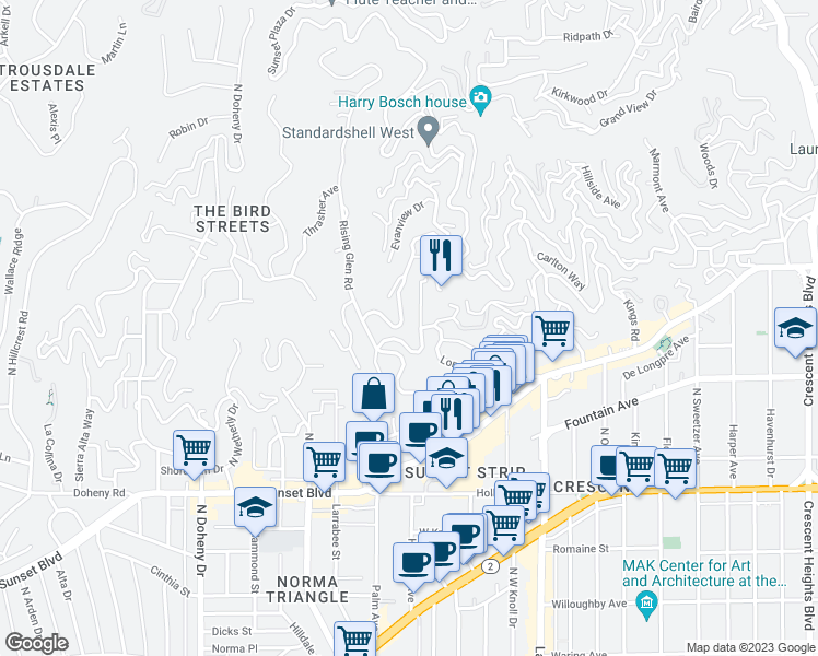 map of restaurants, bars, coffee shops, grocery stores, and more near 1440 Sunset Plaza Drive in Los Angeles
