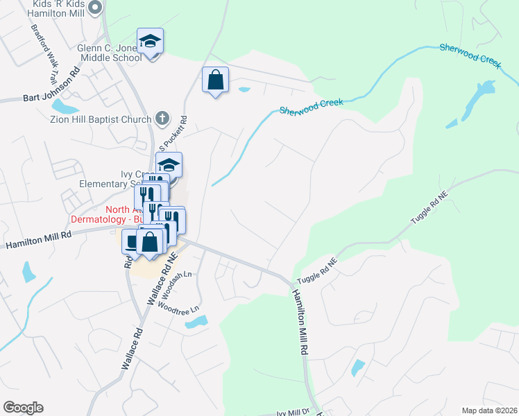 map of restaurants, bars, coffee shops, grocery stores, and more near 3496 Marion Court in Buford