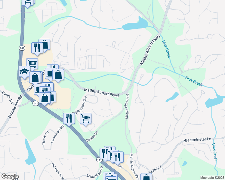 map of restaurants, bars, coffee shops, grocery stores, and more near 3710 Mathis Airport Parkway in Suwanee
