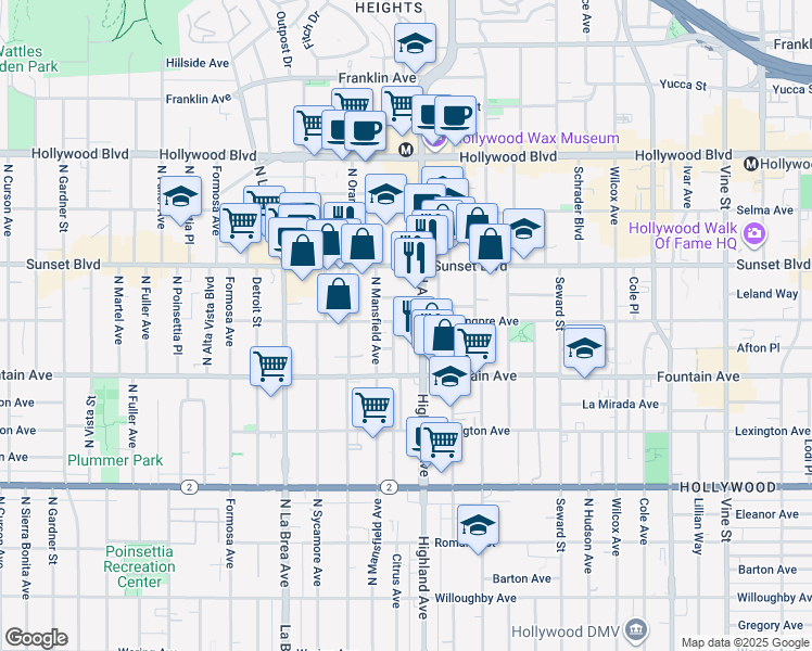 map of restaurants, bars, coffee shops, grocery stores, and more near 6828 De Longpre Avenue in Los Angeles