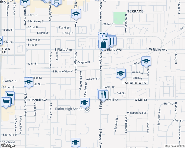 map of restaurants, bars, coffee shops, grocery stores, and more near 250 South Loretta Street in Rialto
