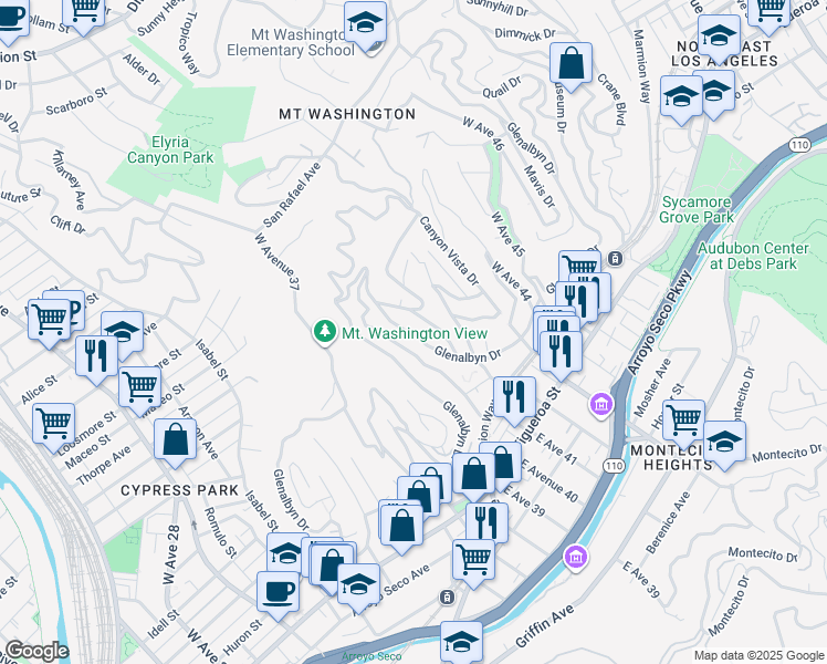 map of restaurants, bars, coffee shops, grocery stores, and more near Glenalbyn Drive in Los Angeles