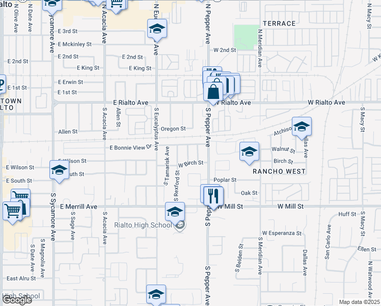 map of restaurants, bars, coffee shops, grocery stores, and more near 265 South Lamarr Street in Rialto