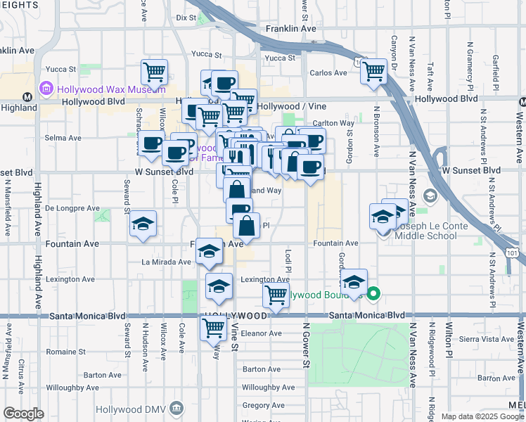 map of restaurants, bars, coffee shops, grocery stores, and more near 6234 De Longpre Avenue in Los Angeles
