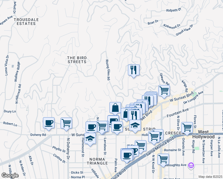 map of restaurants, bars, coffee shops, grocery stores, and more near 1327 Sunset Plaza Drive in Los Angeles