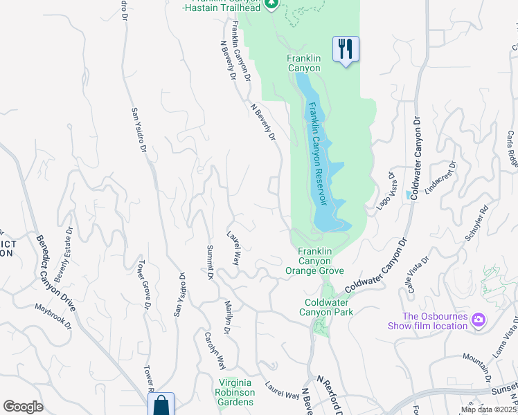 map of restaurants, bars, coffee shops, grocery stores, and more near 9622 Highland Gorge Drive in Beverly Hills
