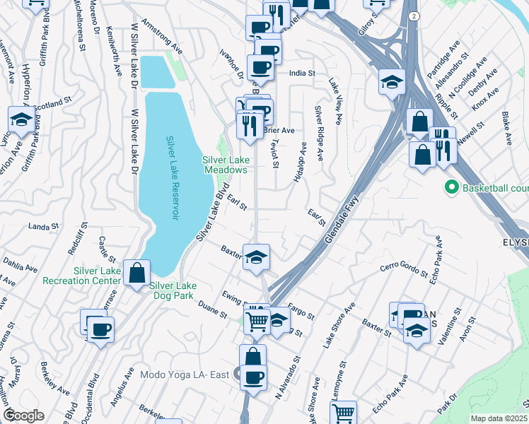 map of restaurants, bars, coffee shops, grocery stores, and more near 2342 Earl Street in Los Angeles