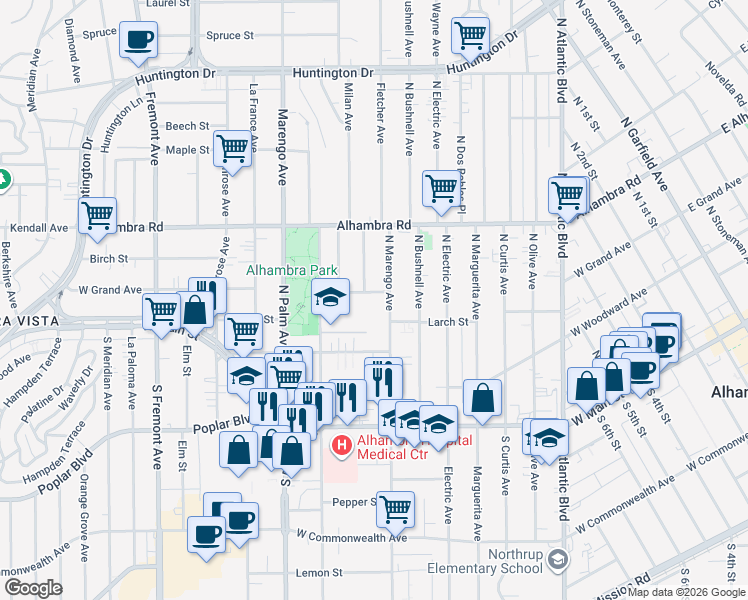 map of restaurants, bars, coffee shops, grocery stores, and more near 400 North Campbell Avenue in Alhambra