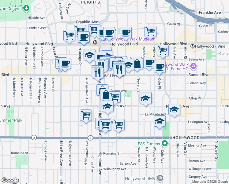 map of restaurants, bars, coffee shops, grocery stores, and more near 1408 North Las Palmas Avenue in Los Angeles