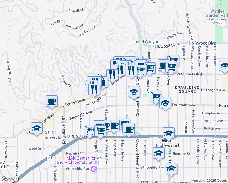 map of restaurants, bars, coffee shops, grocery stores, and more near 1411 North Harper Avenue in West Hollywood