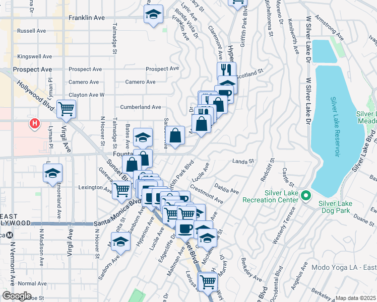 map of restaurants, bars, coffee shops, grocery stores, and more near 3825 Fountain Avenue in Los Angeles