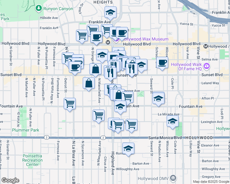 map of restaurants, bars, coffee shops, grocery stores, and more near 1410 North McCadden Place in Los Angeles