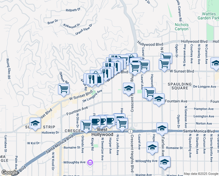 map of restaurants, bars, coffee shops, grocery stores, and more near 1411 North Harper Avenue in West Hollywood