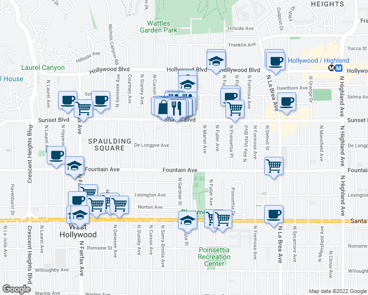 map of restaurants, bars, coffee shops, grocery stores, and more near 1356 North Gardner Street in Los Angeles