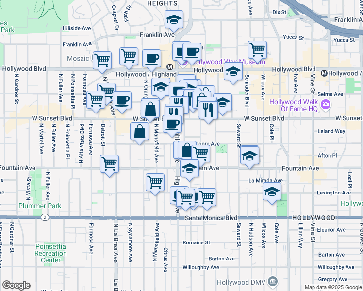 map of restaurants, bars, coffee shops, grocery stores, and more near 1410 North McCadden Place in Los Angeles