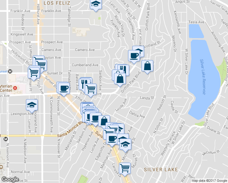 map of restaurants, bars, coffee shops, grocery stores, and more near 3825 Fountain Avenue in Los Angeles