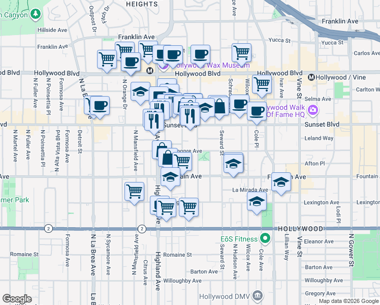 map of restaurants, bars, coffee shops, grocery stores, and more near 6680 De Longpre Avenue in Los Angeles