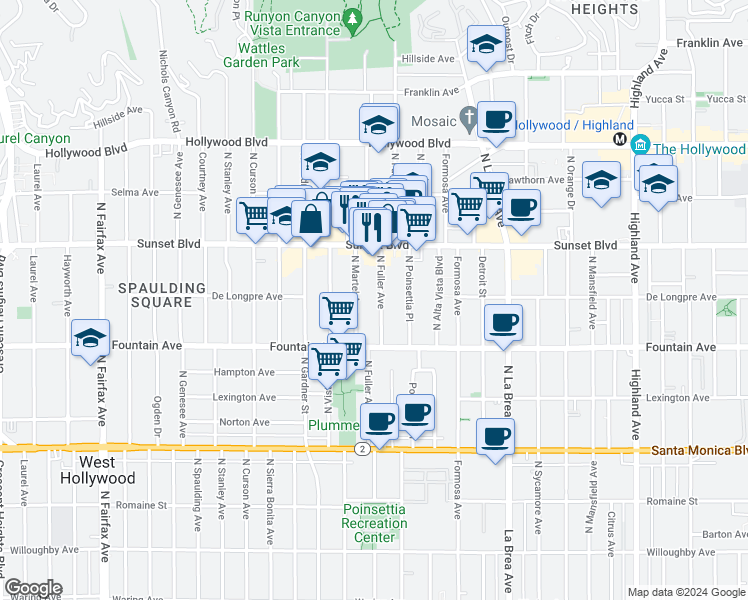 map of restaurants, bars, coffee shops, grocery stores, and more near 1353 North Fuller Avenue in Los Angeles