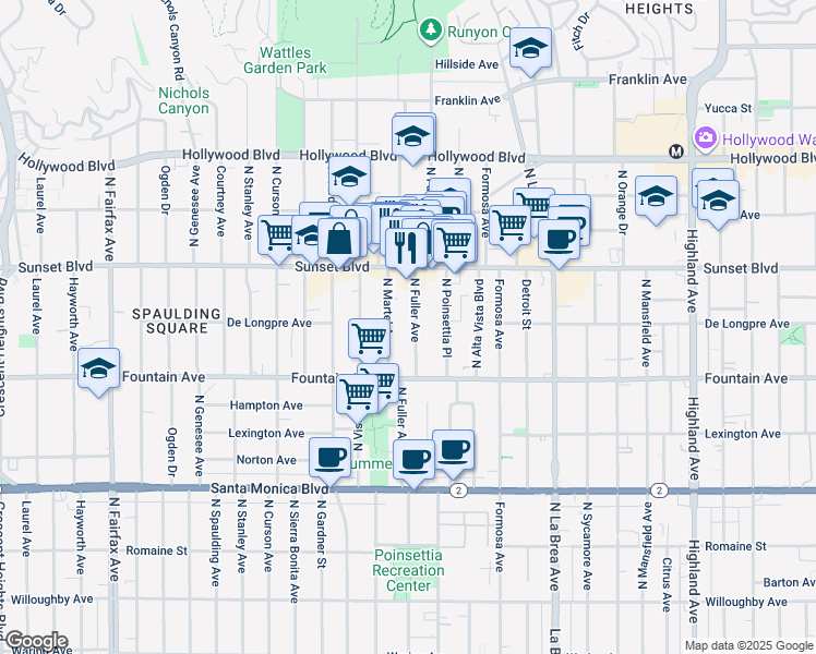 map of restaurants, bars, coffee shops, grocery stores, and more near 1353 North Fuller Avenue in Los Angeles