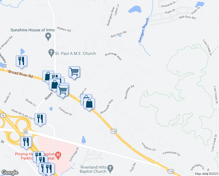 map of restaurants, bars, coffee shops, grocery stores, and more near 122 Bowhill Court in Irmo