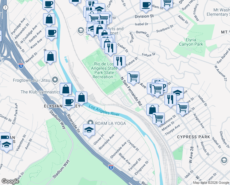 map of restaurants, bars, coffee shops, grocery stores, and more near 25 2700 Chaucer St. in Los Angeles