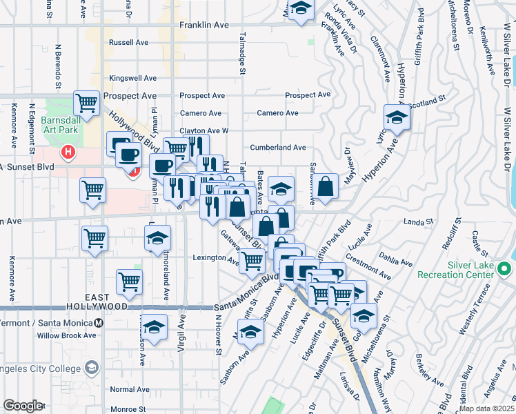 map of restaurants, bars, coffee shops, grocery stores, and more near 1307 Bates Avenue in Los Angeles