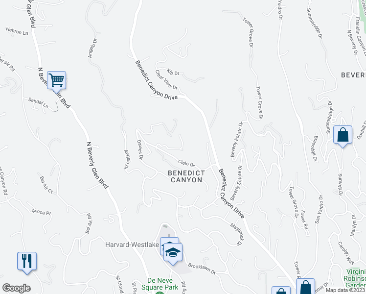 map of restaurants, bars, coffee shops, grocery stores, and more near 1436 Bella Drive in Beverly Hills