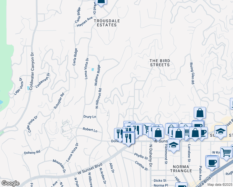 map of restaurants, bars, coffee shops, grocery stores, and more near 9410 Flicker Way in Los Angeles